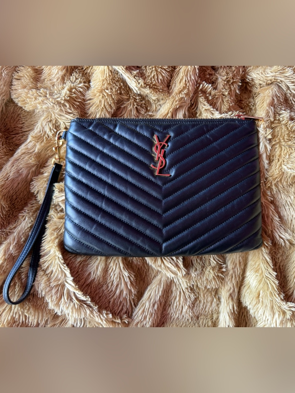 Saint Laurent Black Gold YSL New Jolie Monogram Quilted Leather Pouch Wristlet